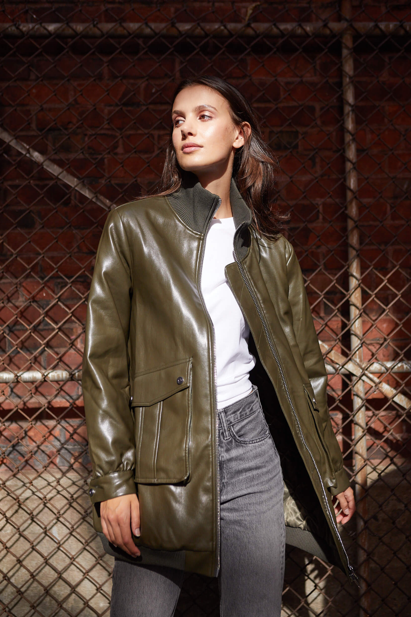 Ribbed Collar Leather Bomber Jacket