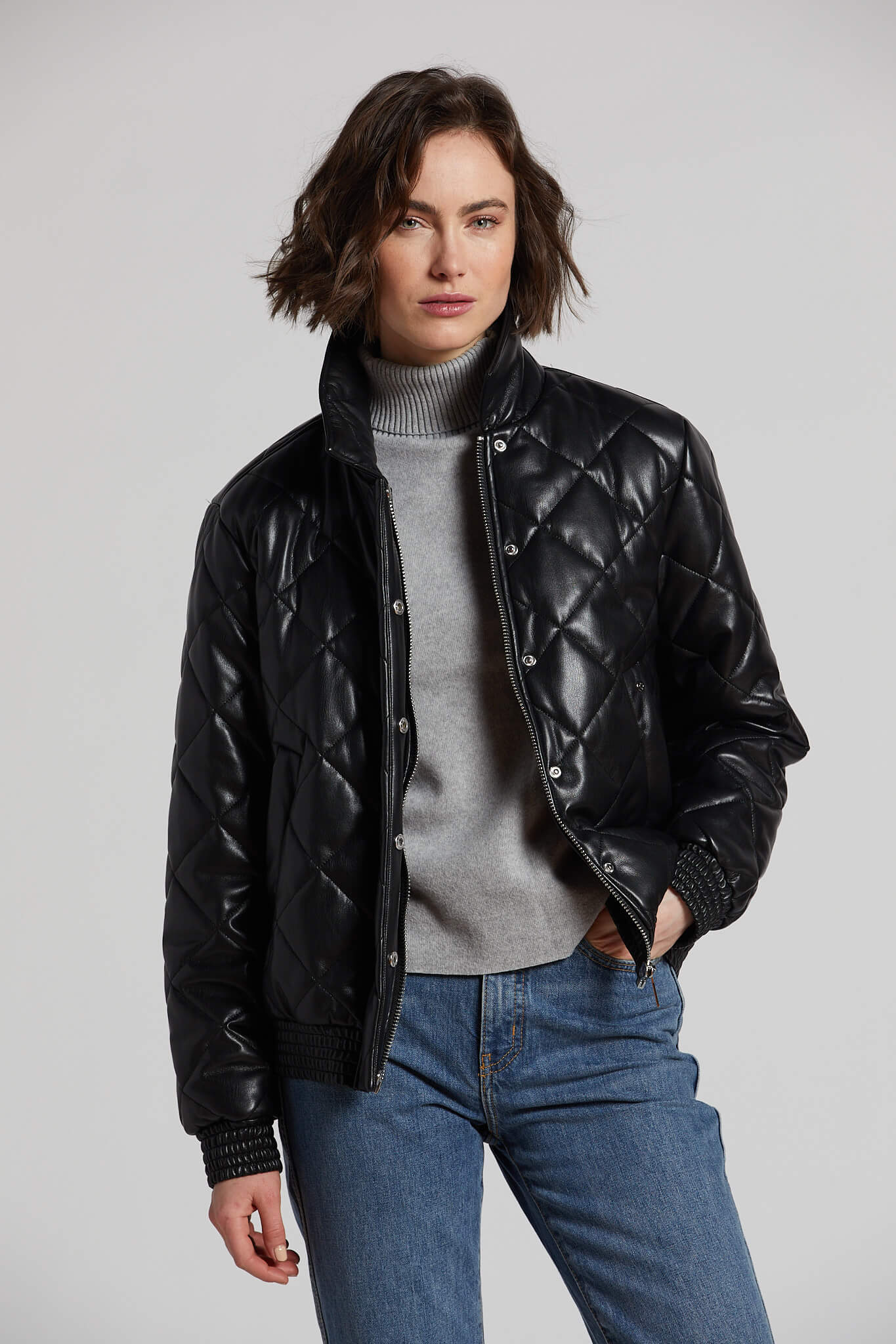 Leather quilted clearance bomber jacket