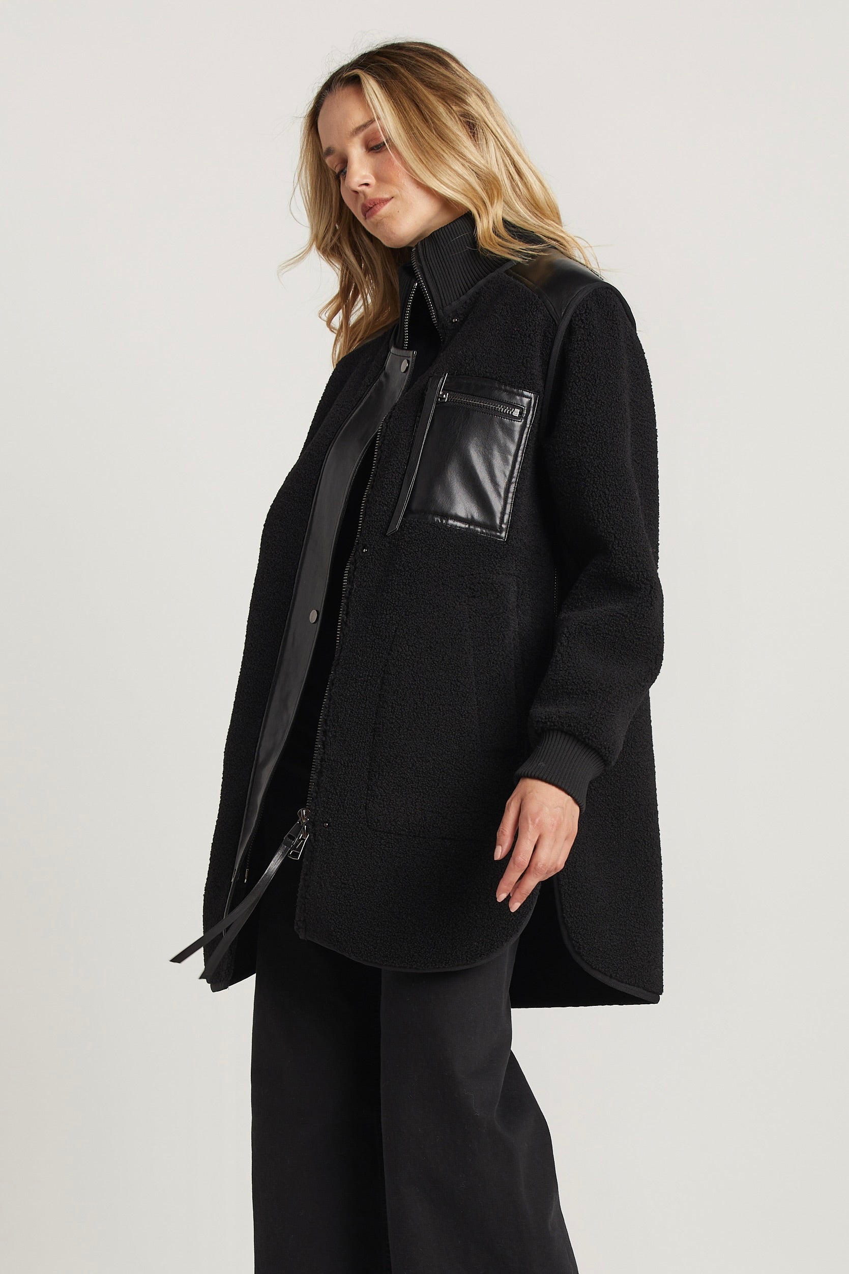 Audrey Faux Shearling Coat w/ Vegan Leather Trim & Side Zippers