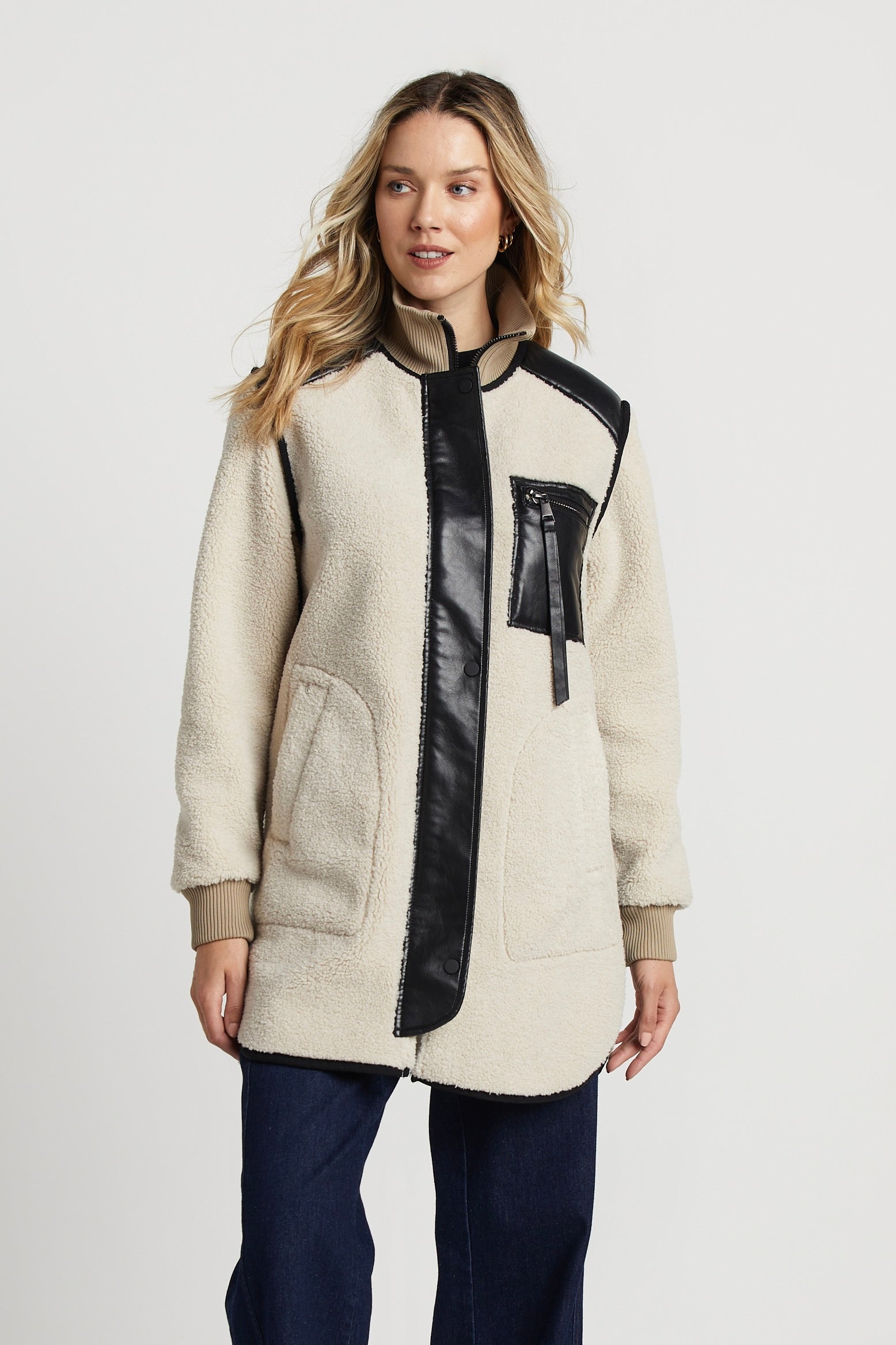 Audrey Faux Shearling Coat w/ Vegan Leather Trim & Side Zippers