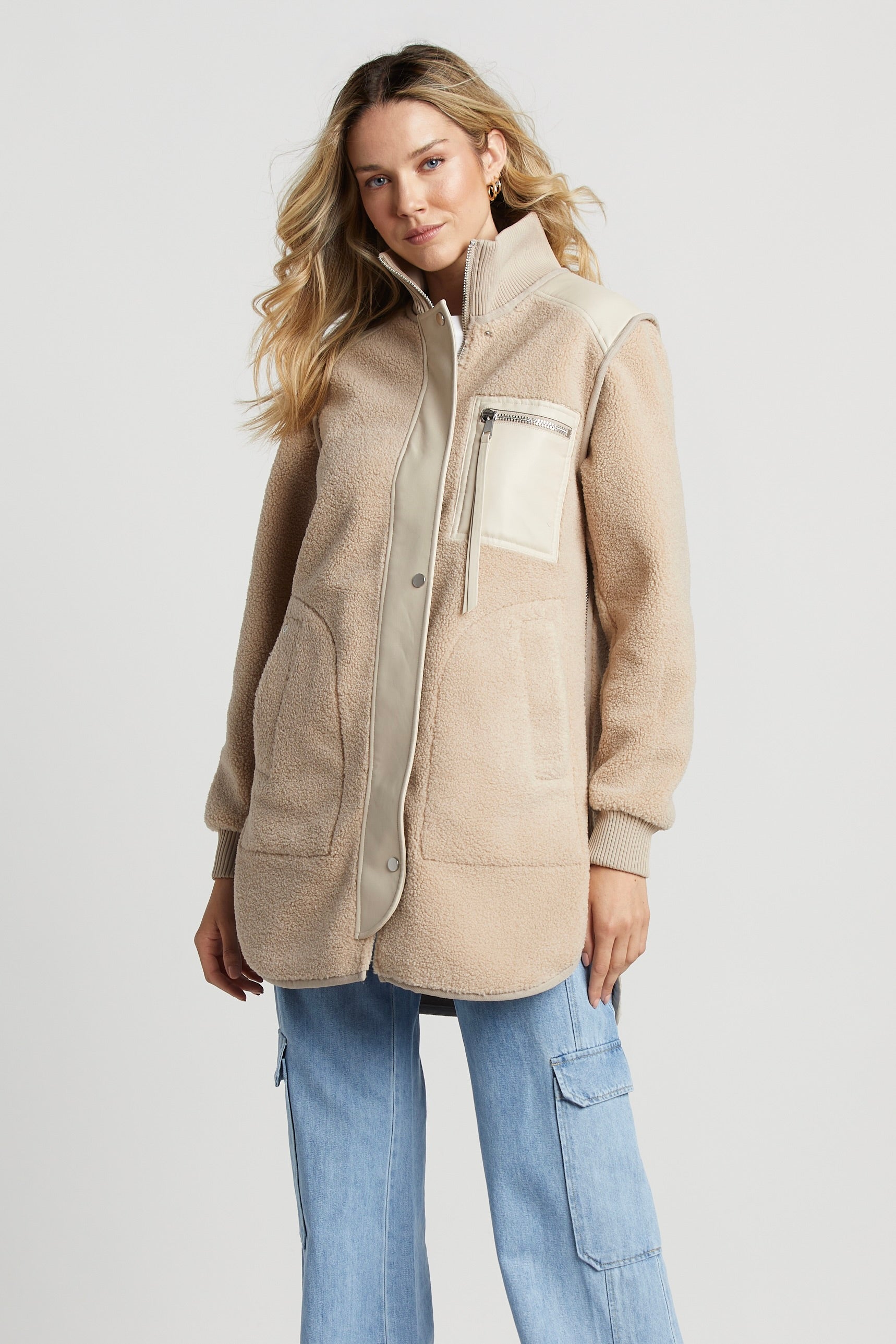 Audrey Faux Shearling Coat w/ Vegan Leather Trim & Side Zippers