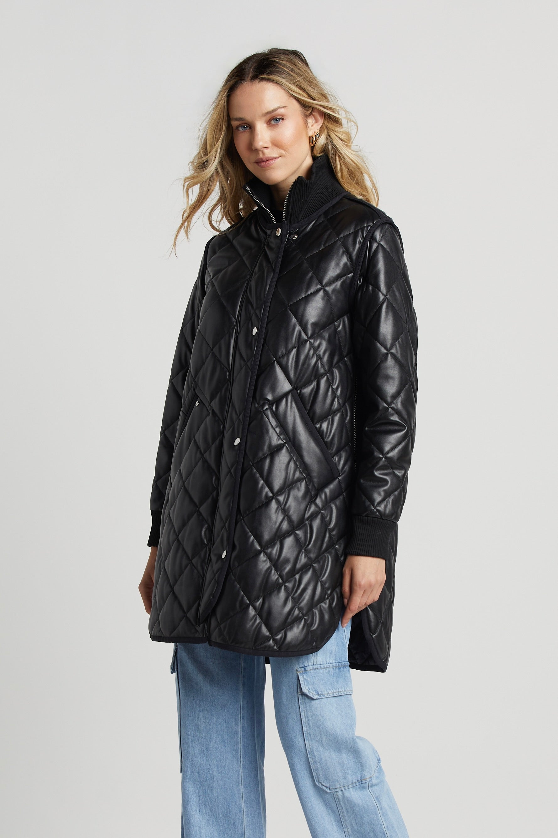 Liberty Quilted Full Zip Vegan Leather Coat w/ Side Zipper