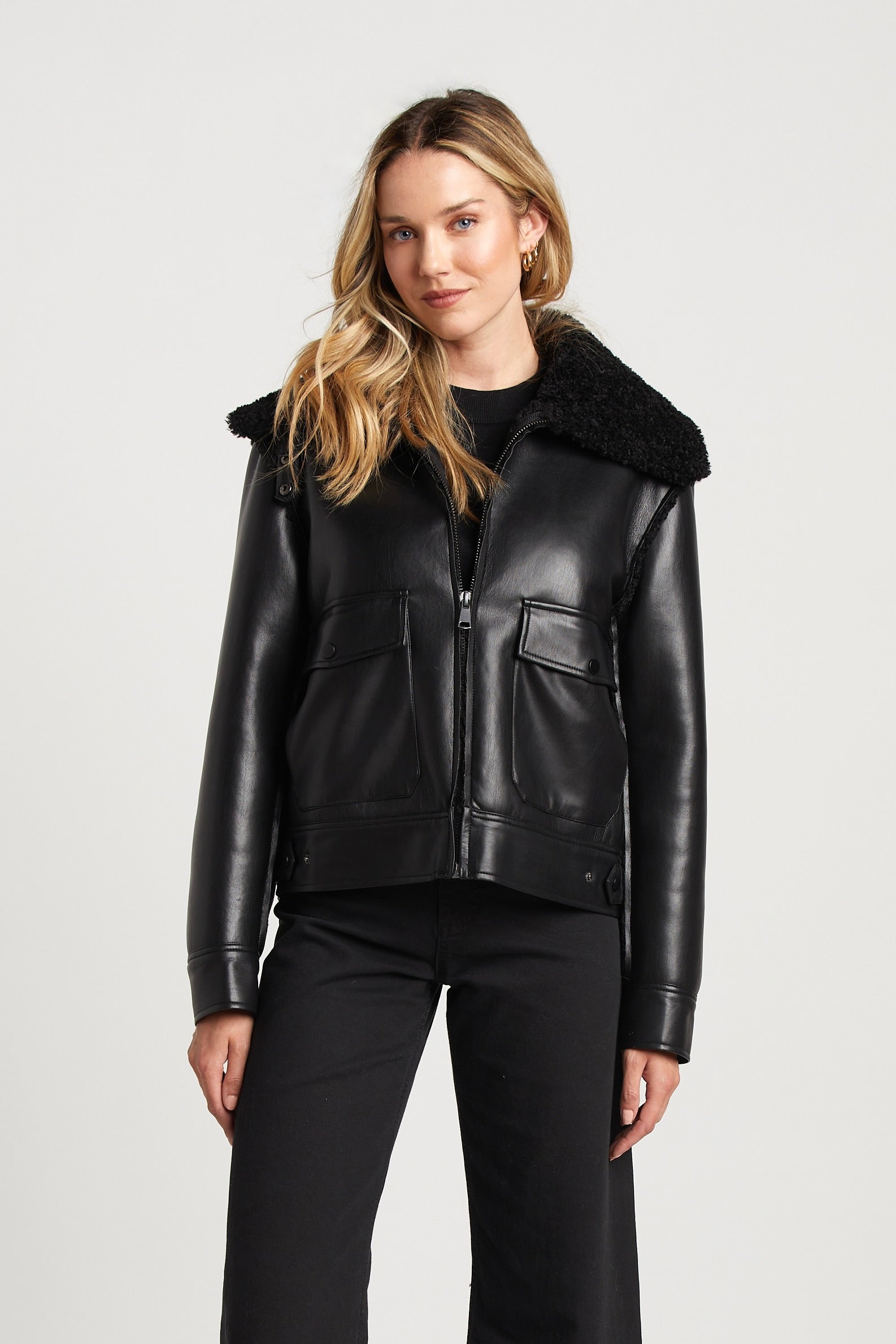 Parker Bonded Vegan Leather Aviator Jacket w/ Collar Snap Closure