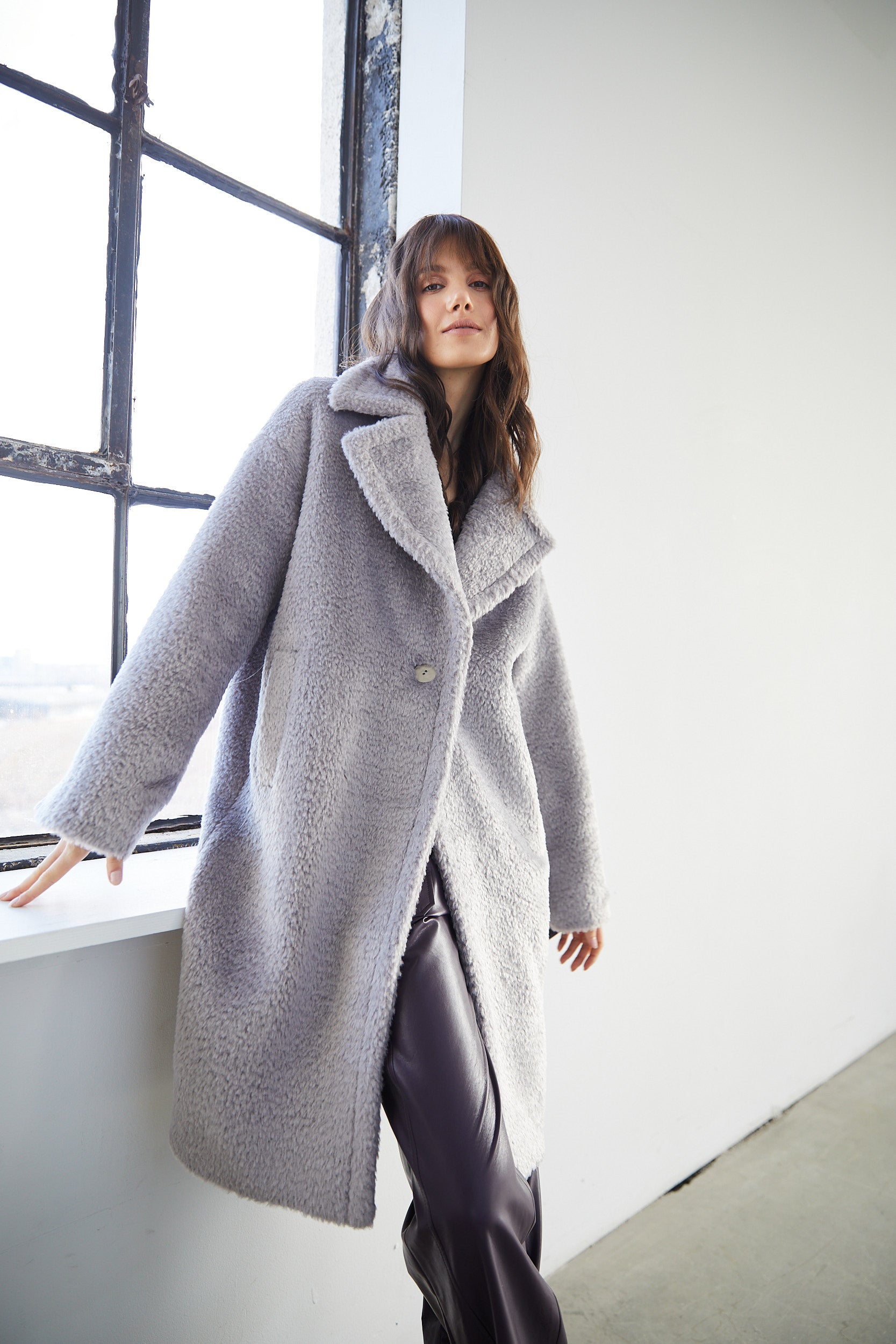 Grey long faux fur coat hotsell