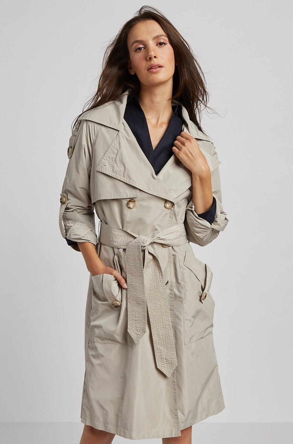 Raphael trench coat w/ rolled-up sleeve detail, patch pocket w/ cuff