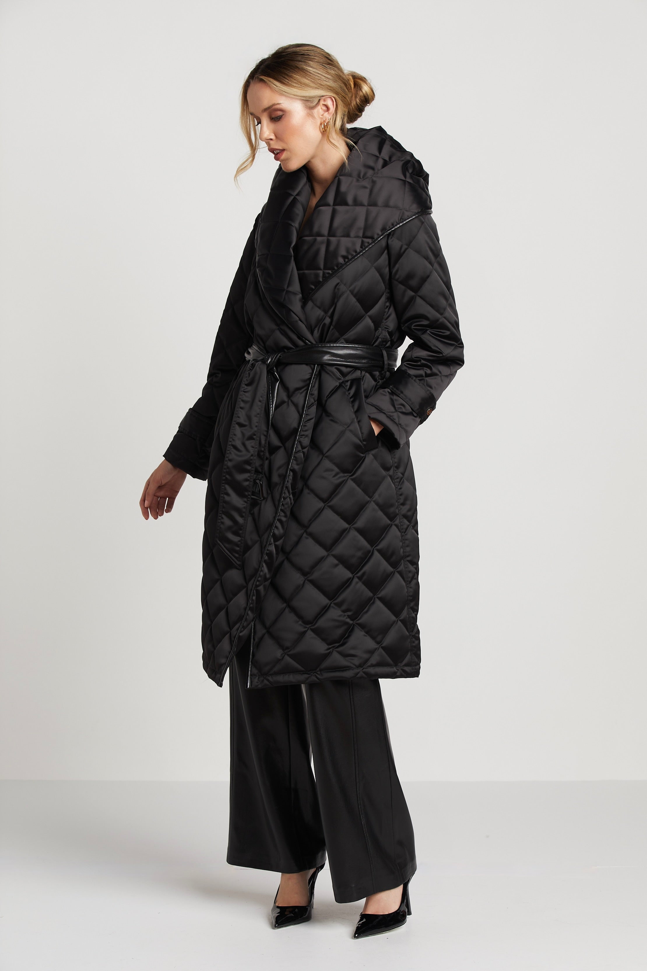 Salem Long Hooded Down Quilted Wrap Coat w/ Vegan Leather Trim