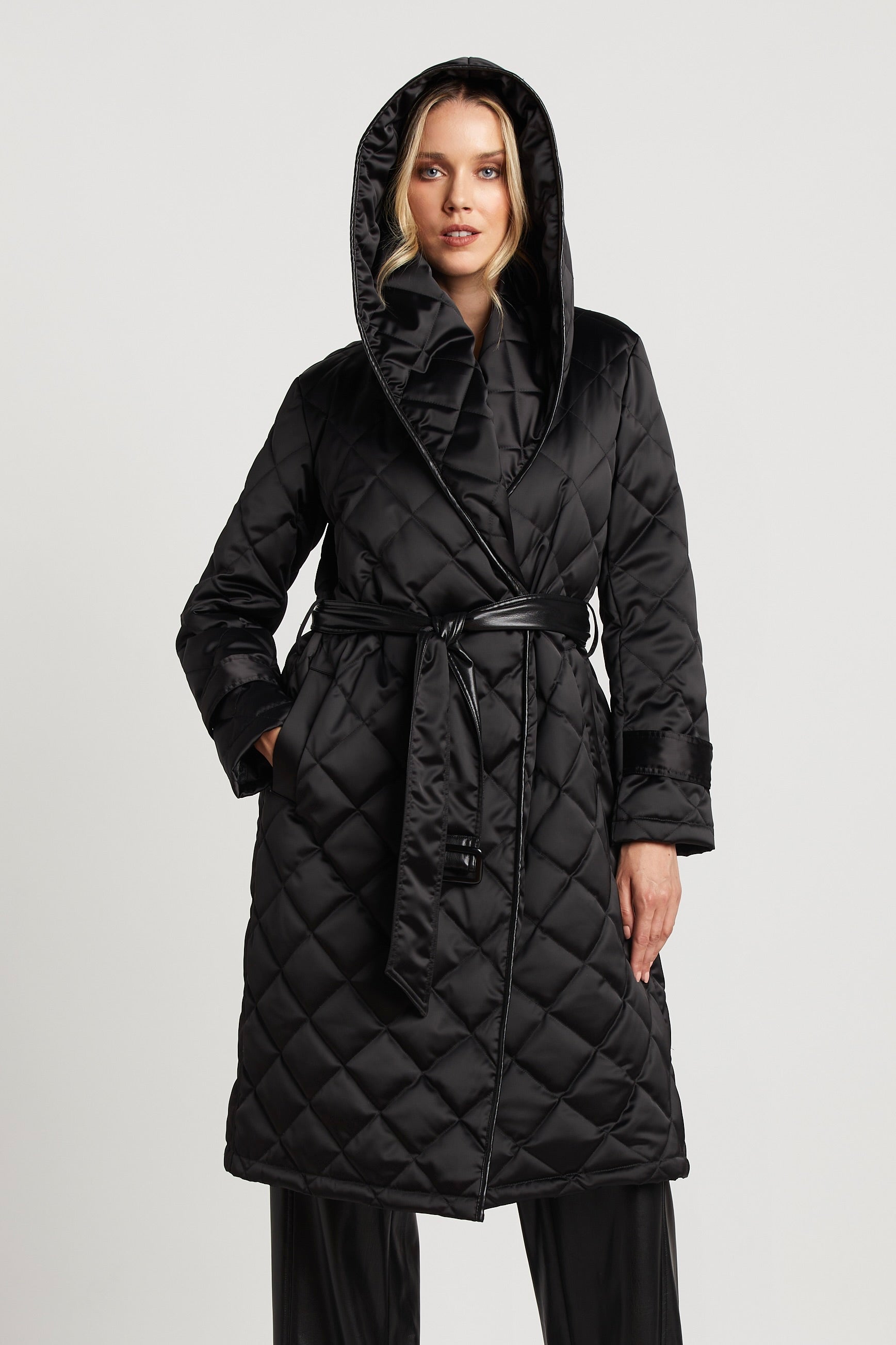 Salem Long Hooded Down Quilted Wrap Coat w/ Vegan Leather Trim